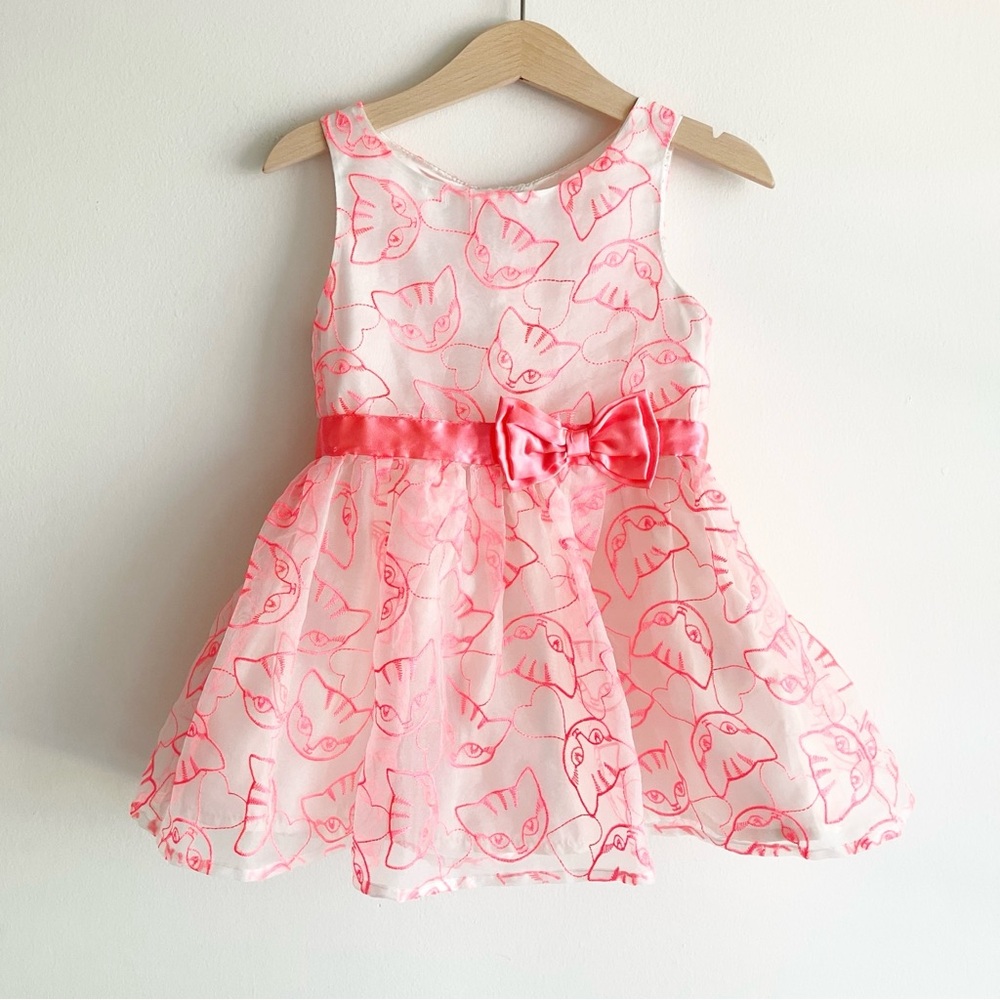 H&M Girls 18-24 Mos Dress Embroidered Cat Face Pattern Bow Party White Pink
